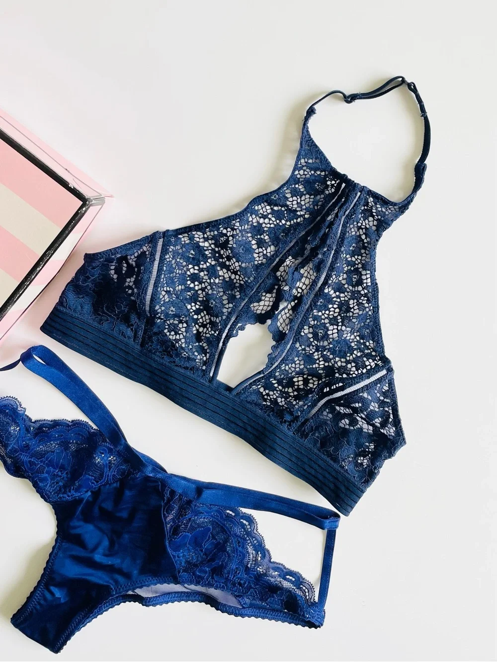 SMALL Victoria’s Secret navy blue bralette bra set cheeky panties